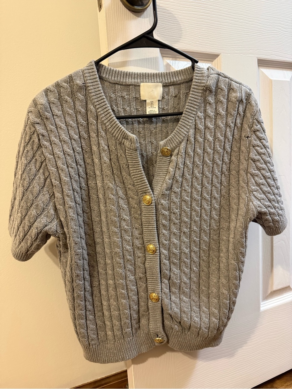 H&M Gray Cable Knit Short Sleeve Cardigan with Gold Buttons